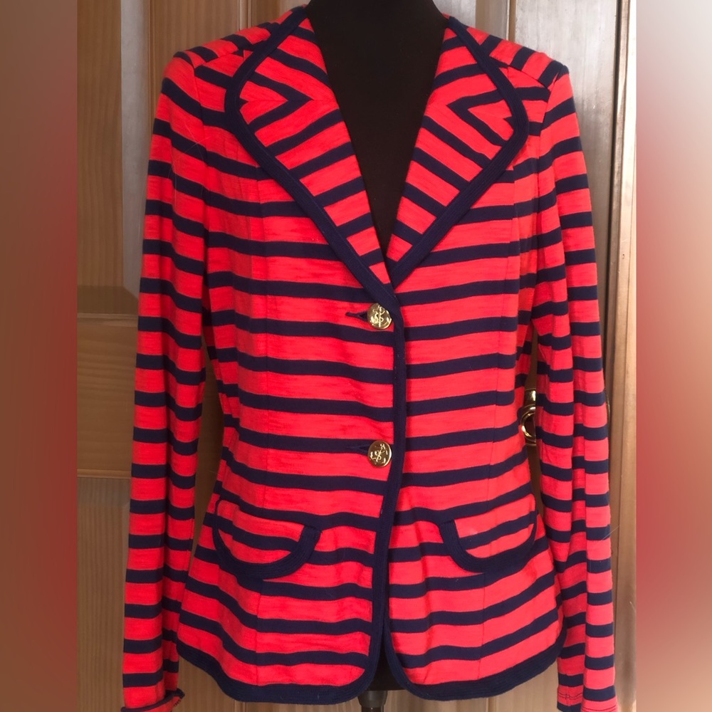 NWOT CAbi sM casual jacket Super fun cotton knit in navy/red w/gold buttons - Picture 1 of 6